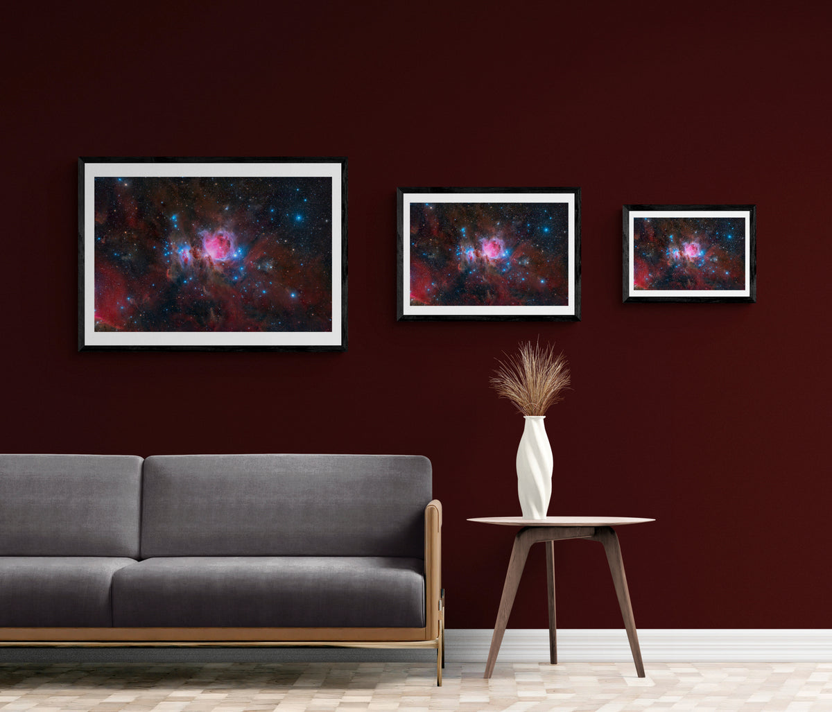 Orion Nebula Immersed in the Reddish Emission from Hydrogen Gas